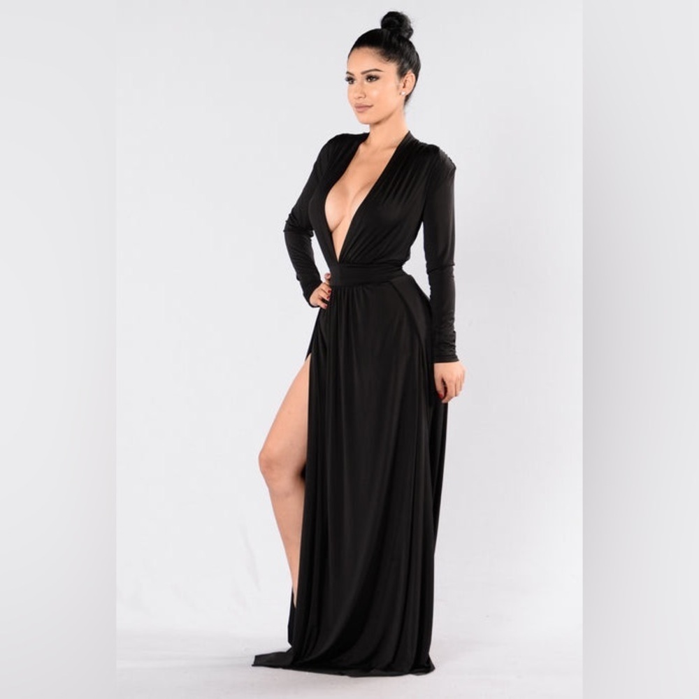 Fashion Nova Spree Double Slit Black Long Sleeve Maxi Dress